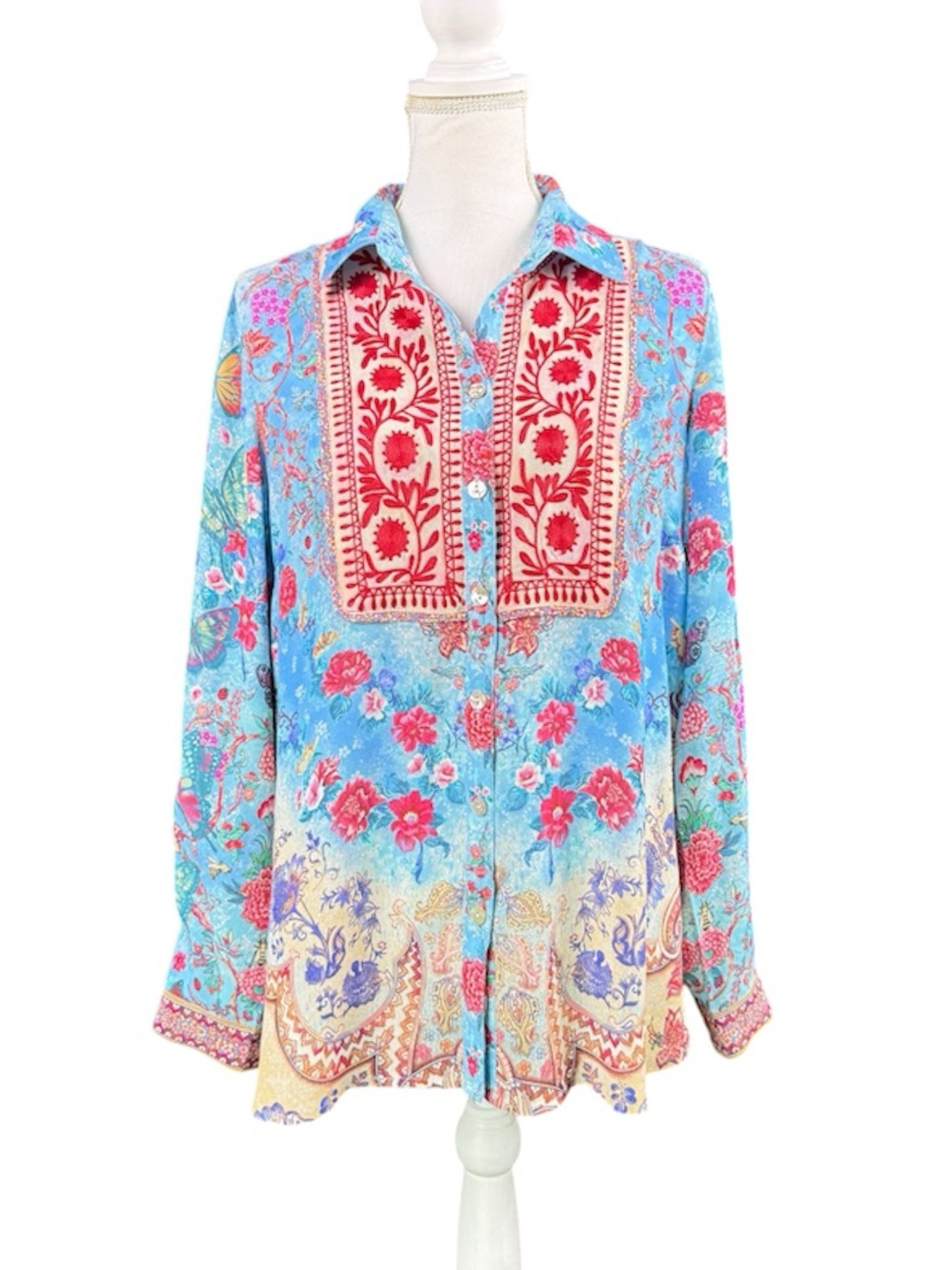 John Mark Embroidered Bib Printed Button-Front Tunic Blouse Blue Red